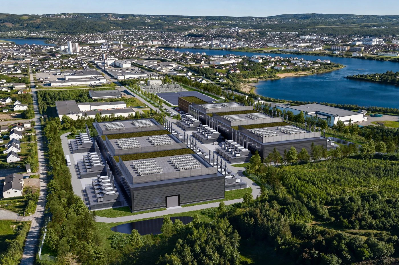 Illustration of the proposed Elverum data center within an existing industrial setting by the river.