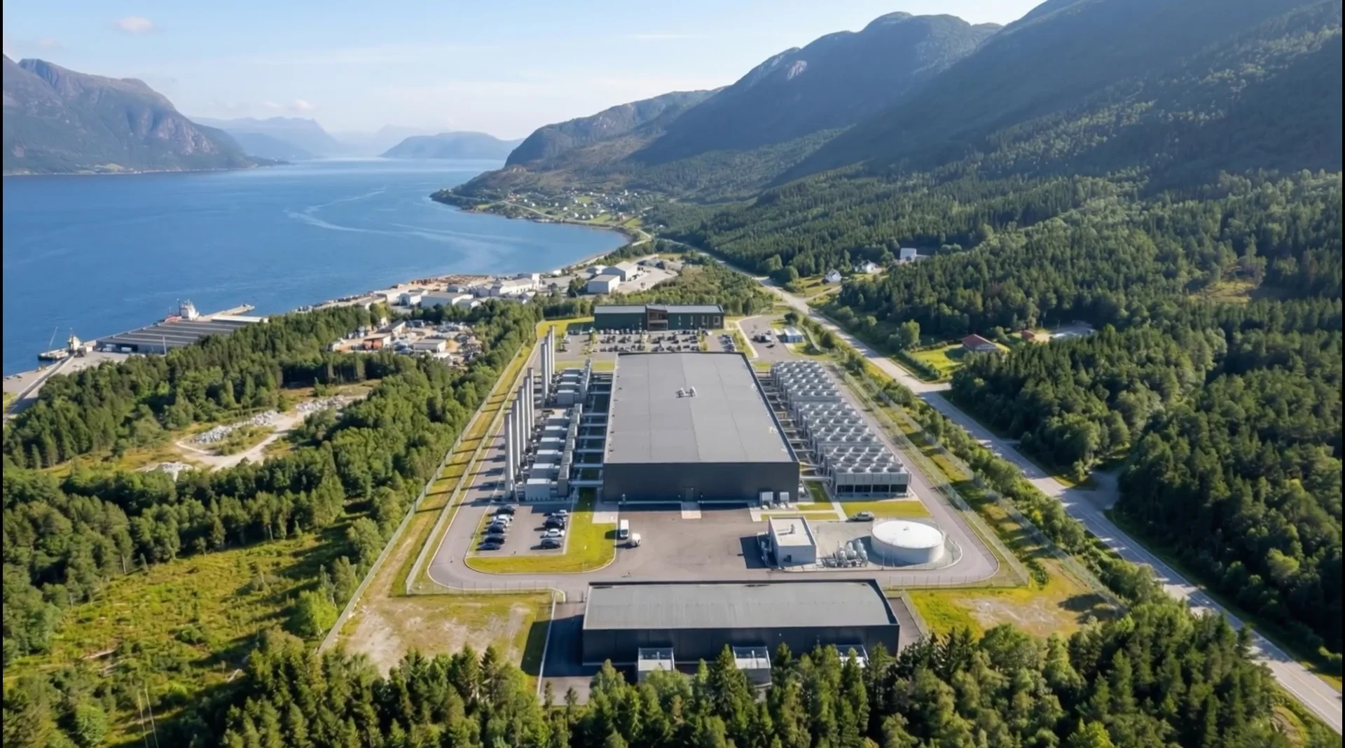 Illustration of the proposed Kvinnherad data center at Husnes, between the fjord and mountains.