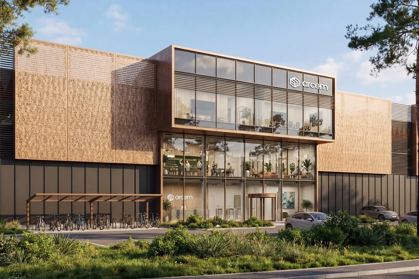 Illustration of the proposed Moss data center, showing its timber facade and entrance.