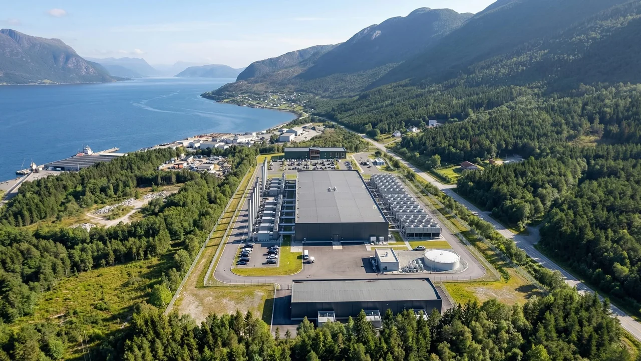Illustration of a proposed data center by the fjord at Husnes.