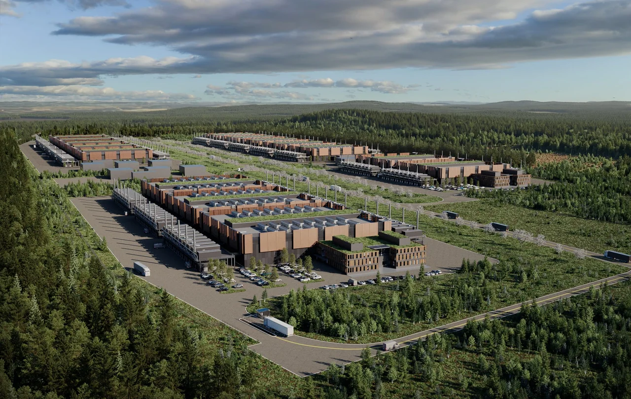 Illustration of the proposed Joroinen data center campus surrounded by forest.